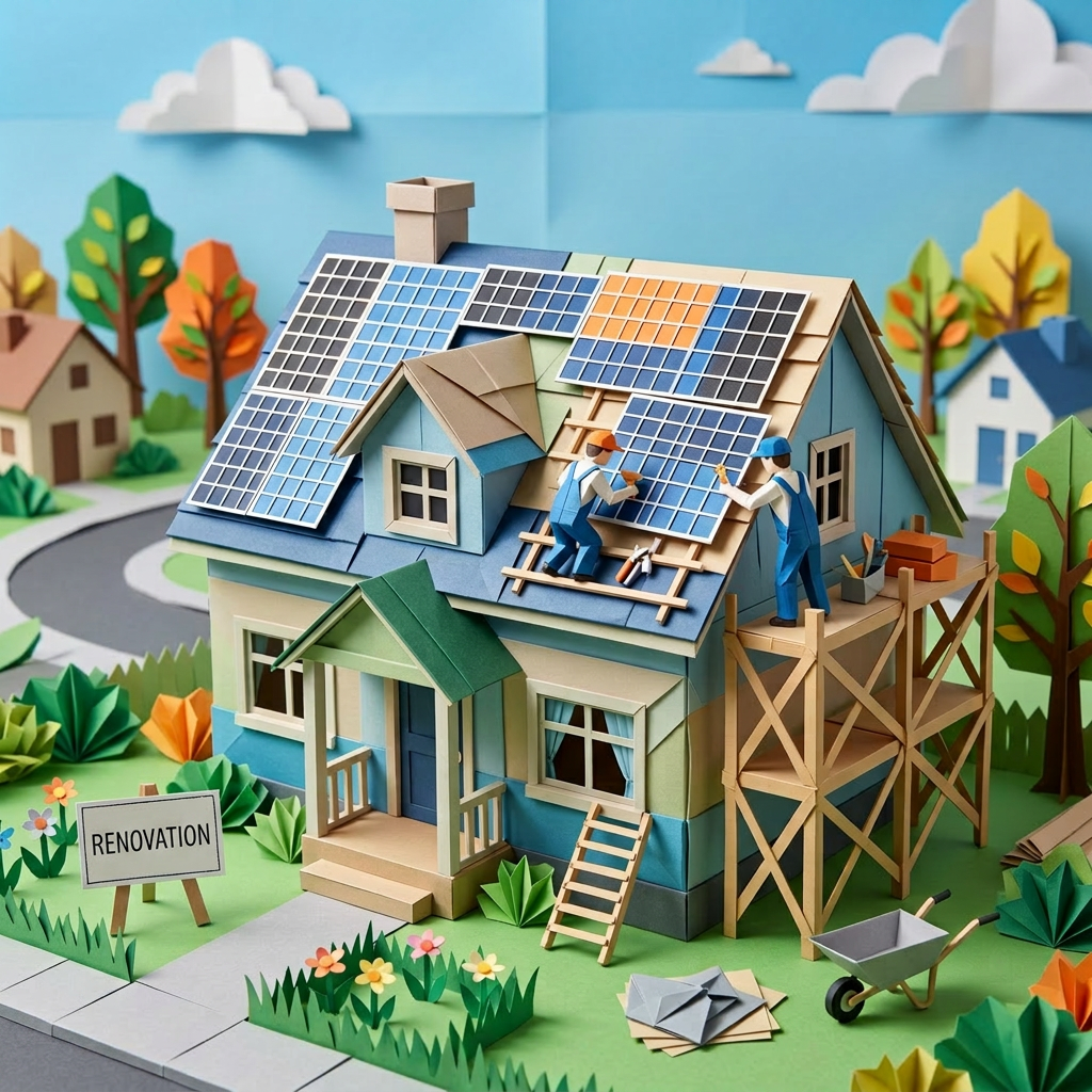 Two workers installing solar panels on roof of a house marked with renovation in progress