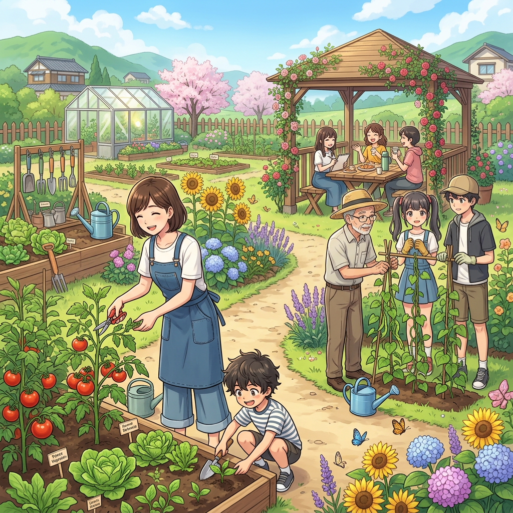 People gardening and socializing in a lively community garden with vegetables and flowers