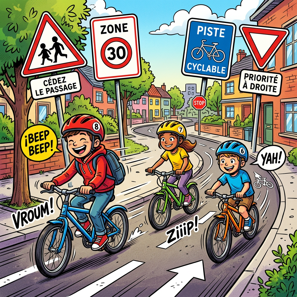 Three children wearing helmets riding bicycles on a marked bike path in a residential street with traffic signs