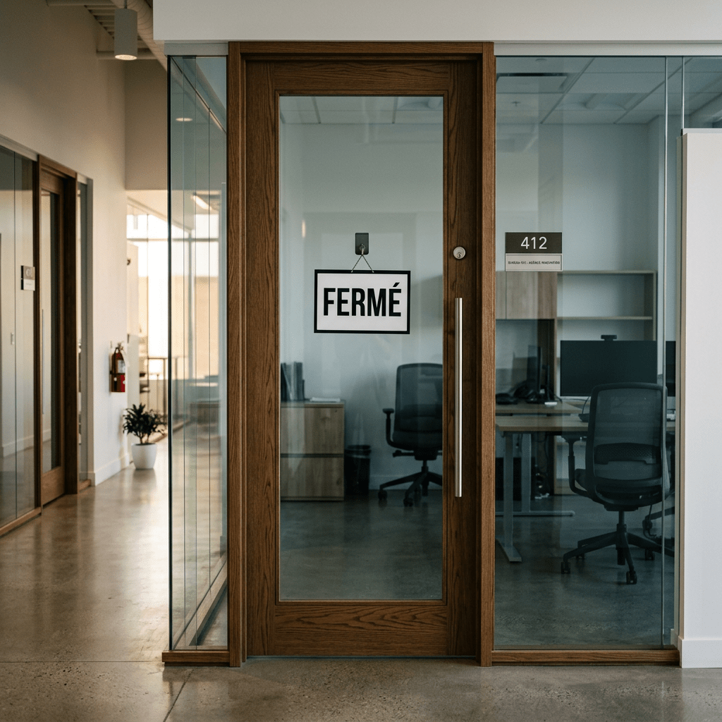 Modern office door with 'FERMÉ' sign