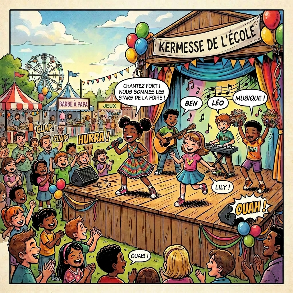 Children singing and playing instruments on stage at a school fair with an applauding audience