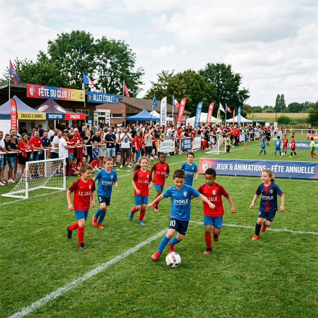 Young children playing soccer on a grassy field during a club event with spectators