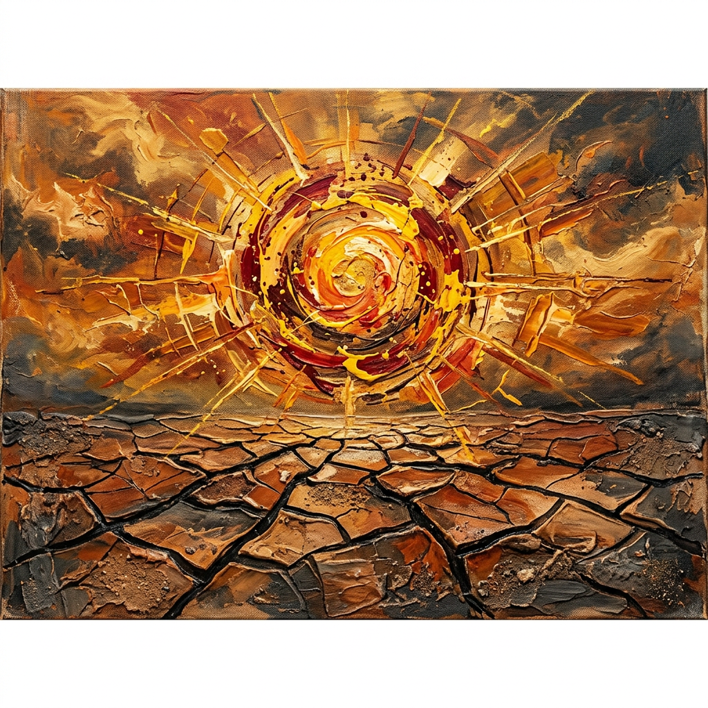 Abstract painting showing a glowing sun with radiating beams over dry, cracked ground.